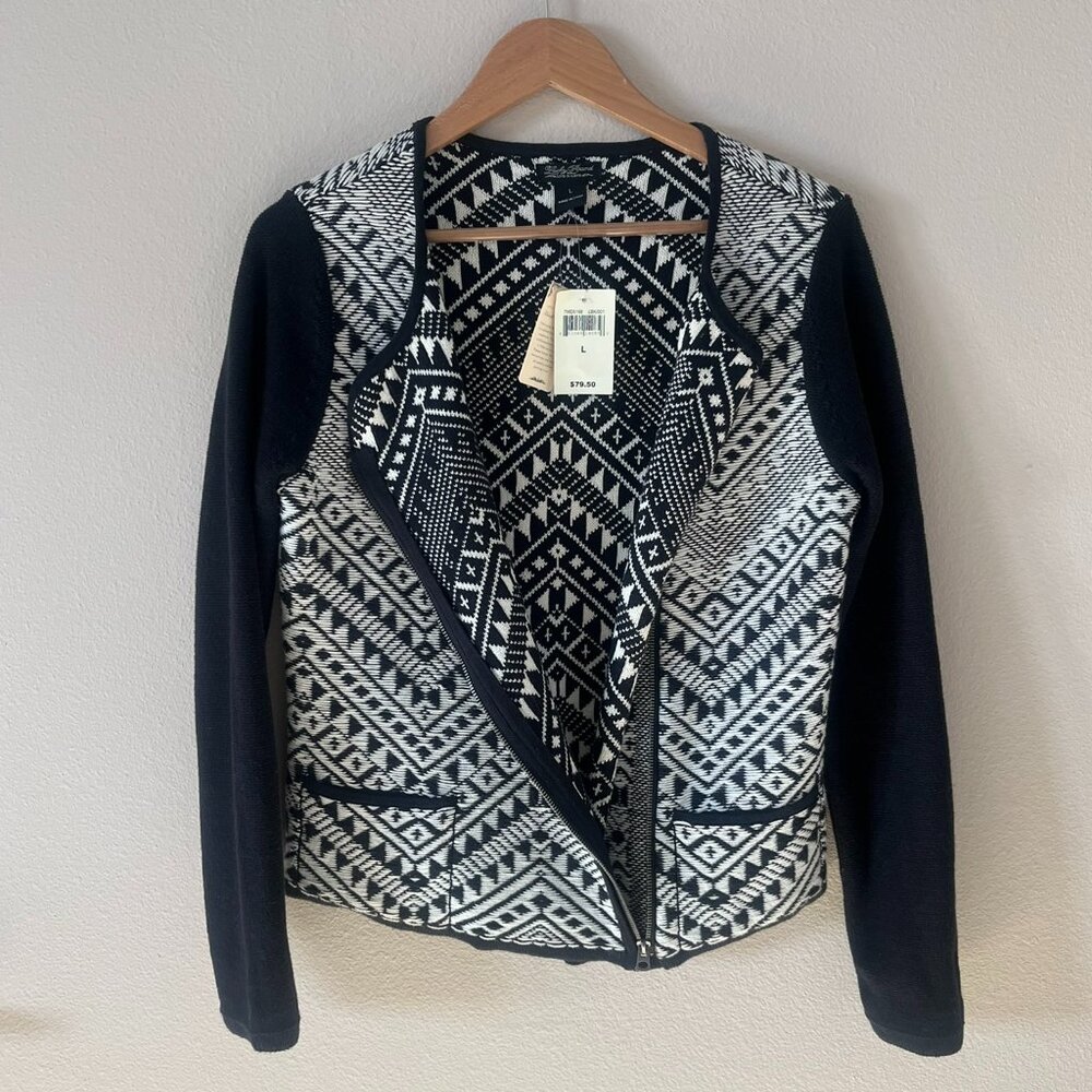 NWT Lucky Brand Black & White Aztec Print Zip Moto Sweater Jacket Size L